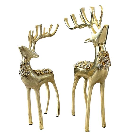 34th & Pine Gold Metal Rhinestone Reindeer Set of 2 Christmas Holiday Decor NEW - Picture 1 of 15